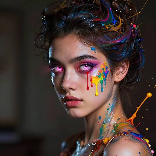 Photograph of a young woman with vibrant, colorful paint splatters on her face and hair, glowing pink eyes, and intense gaze against a dark background