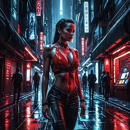 Futuristic Woman in Neon Rainy Alley