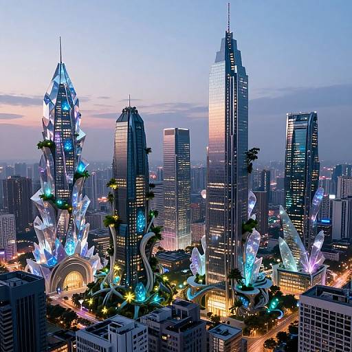 Digital illustration of a futuristic cityscape at dusk, featuring illuminated, crystal-like skyscrapers with blue and purple lights, surrounded by high-rise buildings and