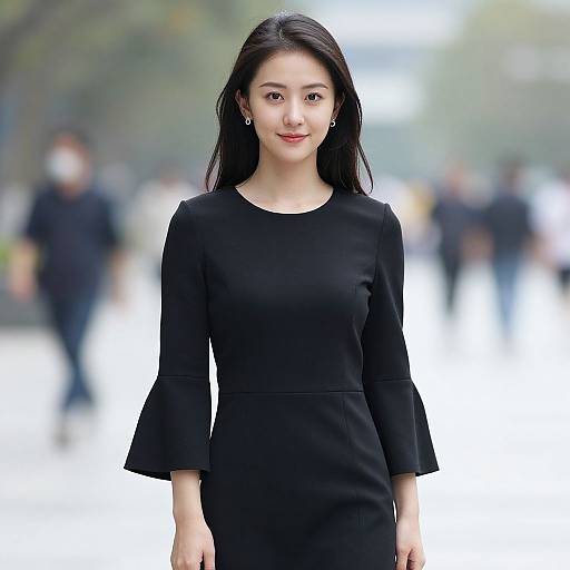 Photograph of an Asian woman with long black hair, wearing a sleek black dress with three-quarter sleeves, standing confidently in a blurred outdoor urban setting.