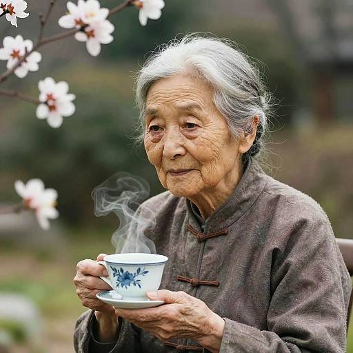 Photograph of an elderly Asian woman with gray hair, wearing a brown traditional Chinese robe, holding a steaming white teacup with blue floral design