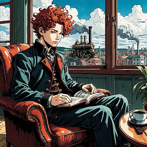 Shōnen Manga Boy Reading with Steampunk Gadget