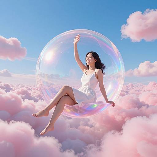 Photograph of a smiling Asian woman in a white dress, floating inside a translucent bubble, amidst pink clouds and bright blue sky.