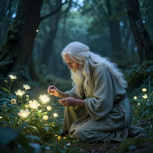 Photograph of an elderly, white-bearded man with long white hair, wearing a beige robe, kneeling in a forest at night, gently touching glowing