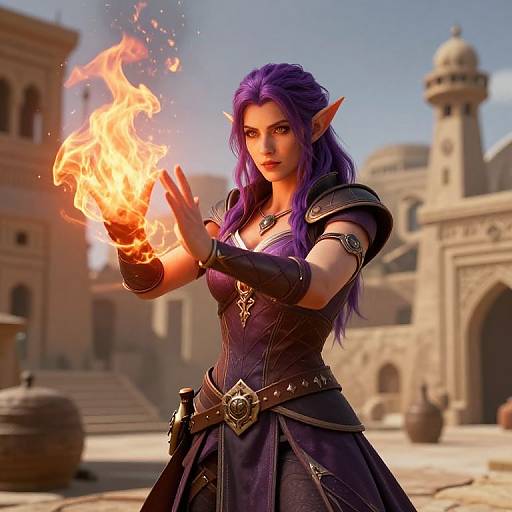CGI fantasy image of a purple-haired, elven woman casting a fiery spell in a sunlit, ancient stone courtyard. She wears dark, orn