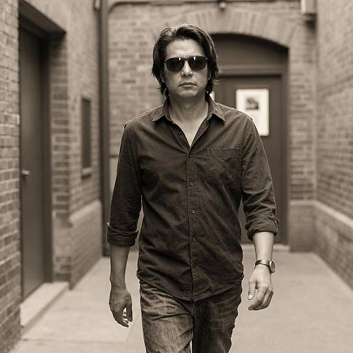 Man Walking in Narrow Alley with Sunglasses