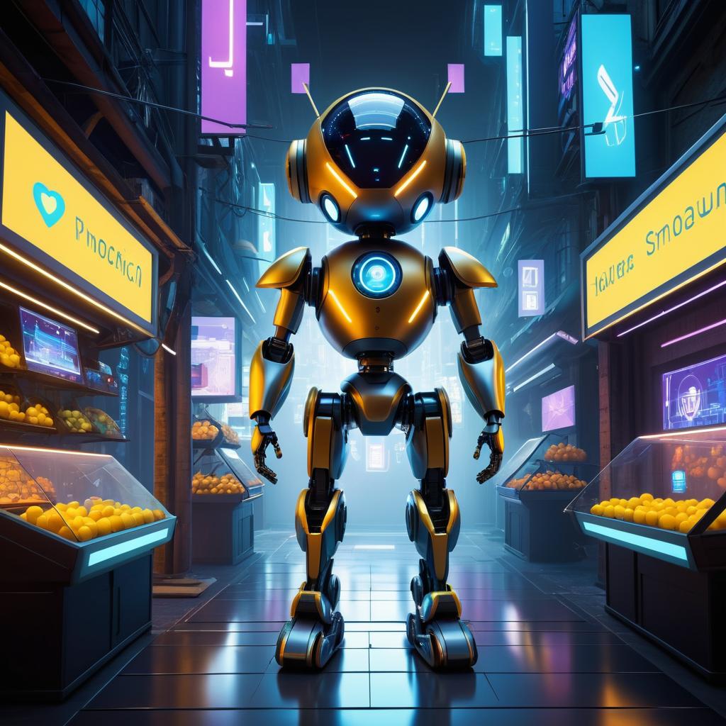 Futuristic Pinocchio Robot in Neon Market