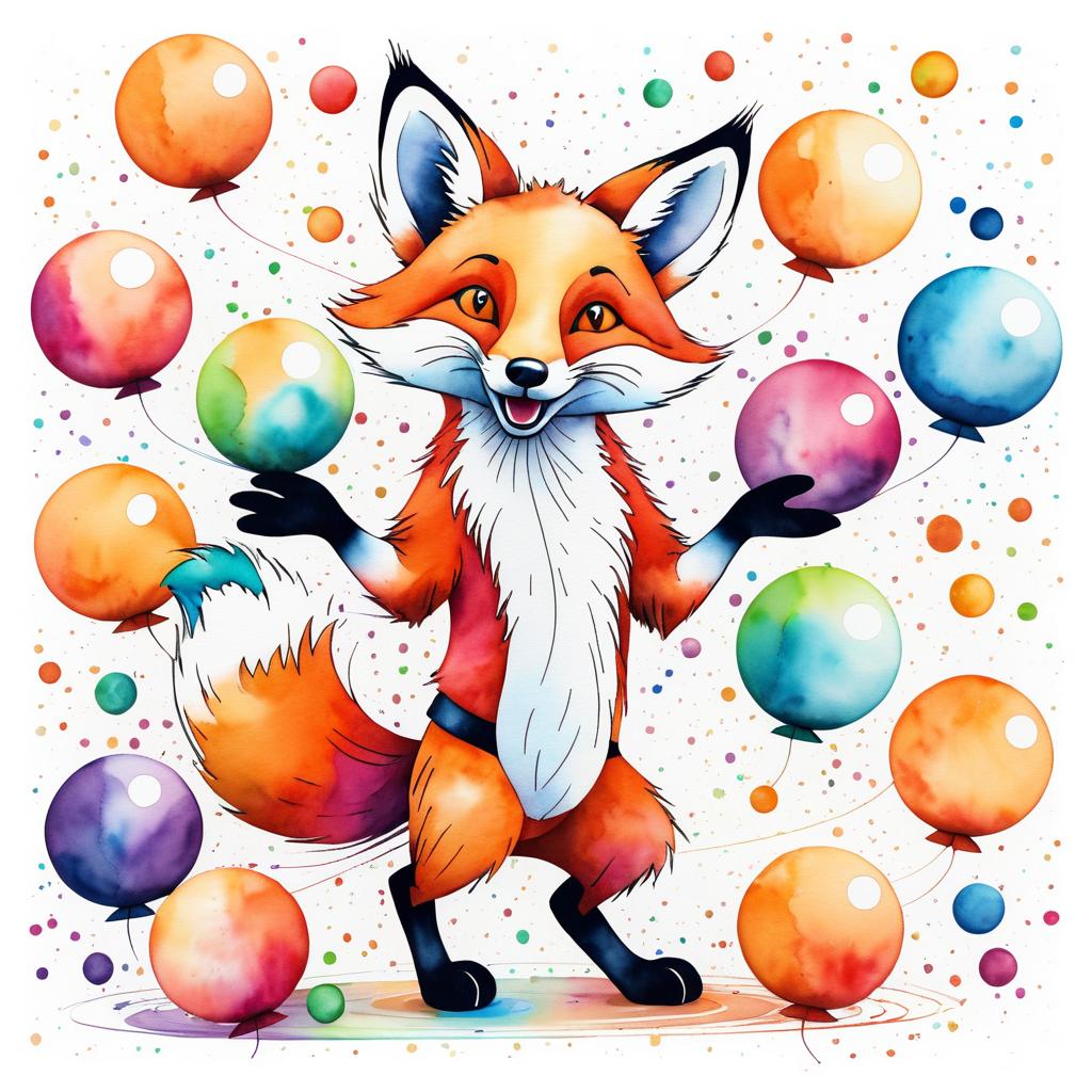 Whimsical Fox Juggling Colorful Balls