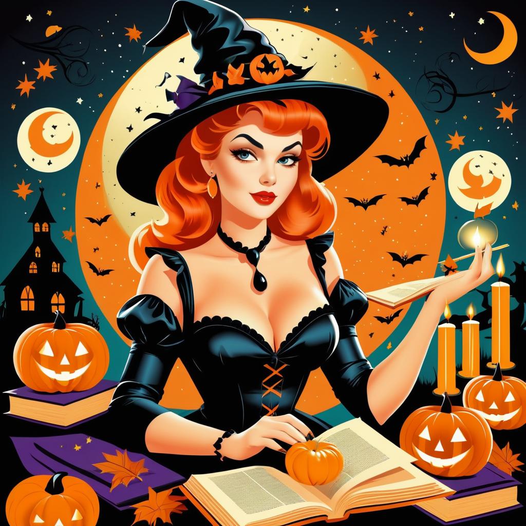 Vintage Halloween Pin-Up Witch Illustration