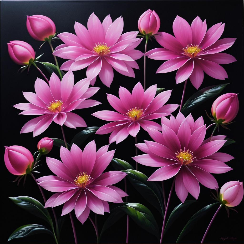 Realistic Dark Oil Painting of Pink Flowers