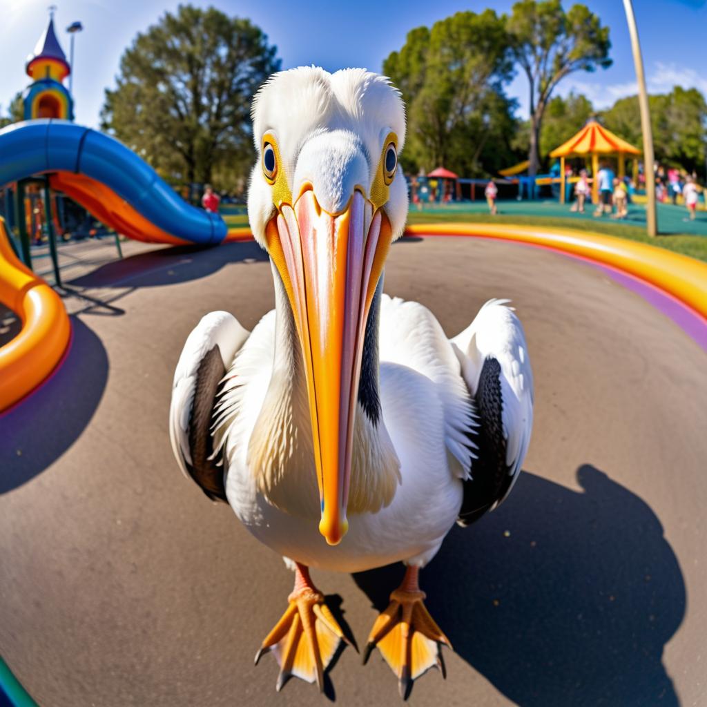 Whimsical Fisheye Pelican in Playground