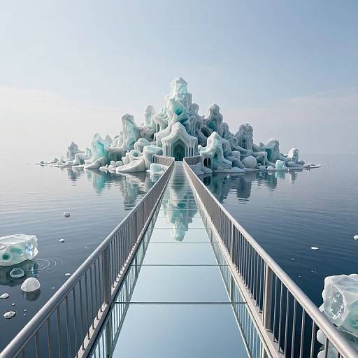 Photograph of a sleek, glass-walkway leading to a surreal, icy island with glowing blue ice formations floating in calm, reflective water.