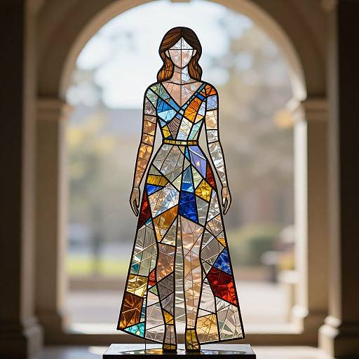 Stained glass silhouette of a woman with brown hair, wearing a colorful, patchwork dress, standing in an arched doorway.