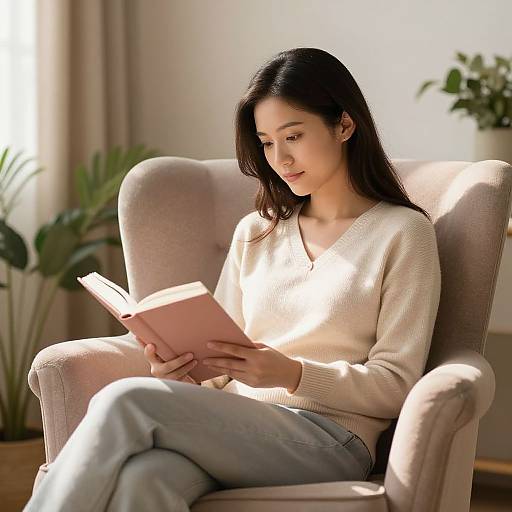 Photograph of an Asian woman with long black hair, wearing a beige sweater and light gray pants, reading a pink book in a sunlit armchair