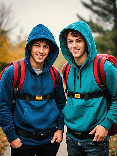 Two Teen Boys in Hoodies with Backpacks Outdoors