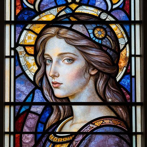 Stained glass portrait of a serene young woman with wavy brown hair, pale skin, and blue eyes, framed by a colorful halo.