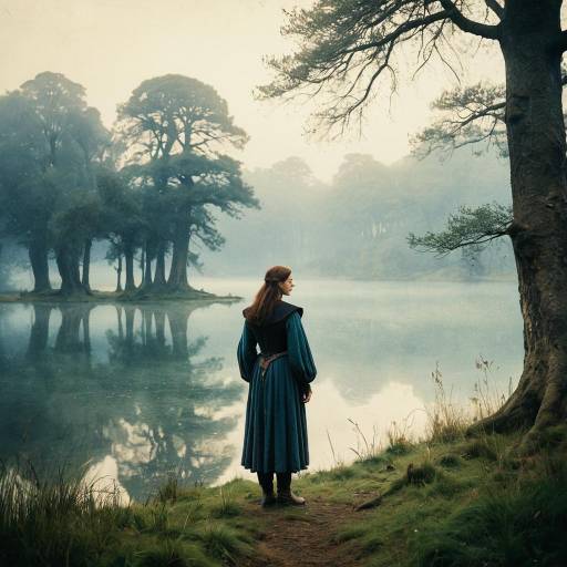 Medieval Woman in Misty Lakeside Glade
