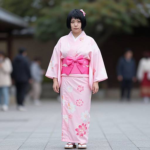 Photograph of an Asian woman with short black hair, wearing a pink floral kimono with a bright pink obi, standing in a blurred traditional Japanese