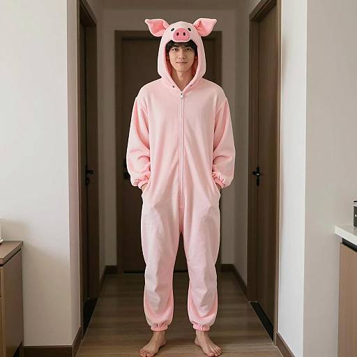 Playful Piglet Pajama Costume in Hallway
