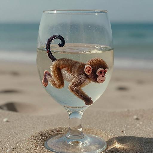 Tiny Embroidered Monkey in Wine Glass at Beach
