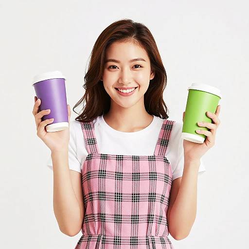 Smiling Asian woman with long brown hair, wearing pink plaid dress over white shirt, holding purple and green cups, white background.