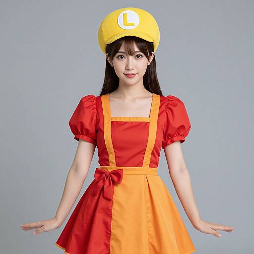 Asian woman in red puffed-sleeve dress with orange apron, yellow construction hat, and long black hair, standing against light blue background.
