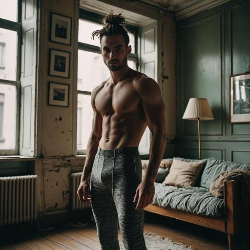 Shirtless male model in fitted leggings with messy bun