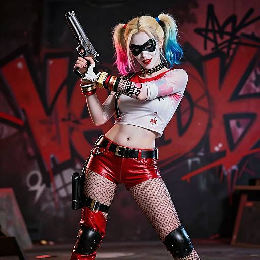 CGI image of Harley Quinn with dyed pink-and-blue pigtails, white crop top, red shorts, fishnet stockings, holding a gun
