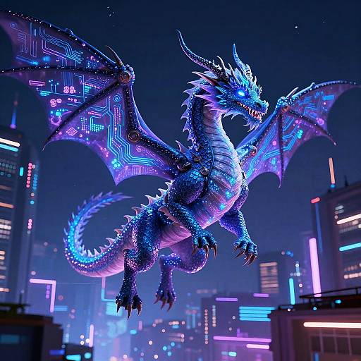 Glowing blue digital dragon with neon patterns soaring over a futuristic cityscape with neon-lit skyscrapers at night. CGI art.