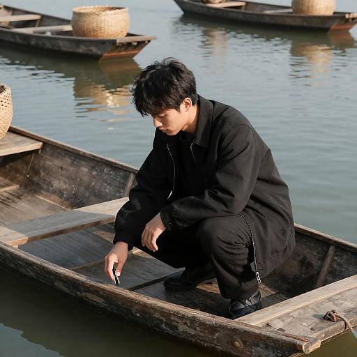 Young Man in Boat on Calm River