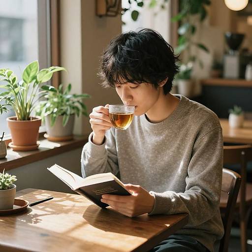Photograph of a young Asian man with black hair, wearing a gray sweater, drinking tea while reading a book in a sunlit, potted plant