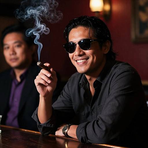 Man Smoking Cigar in Dimly Lit Bar