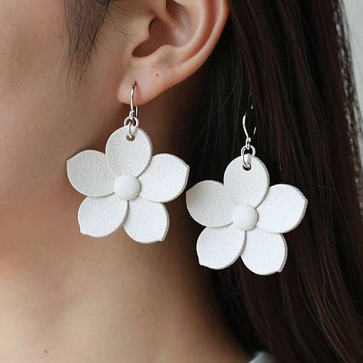 Natural Leather White Flower Earrings