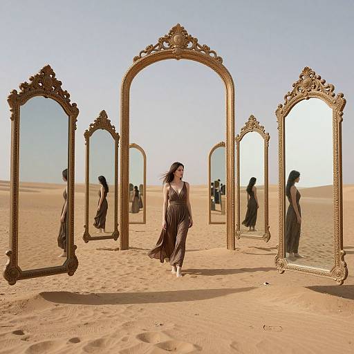Photograph of a woman in a flowing brown dress running through an ornate, gold-framed mirror set in a desert, reflecting multiple images against a