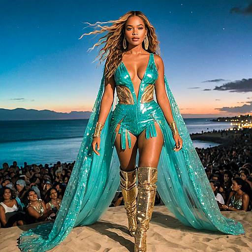 Glamorous Pop Diva in Aqua Sequined Bodysuit