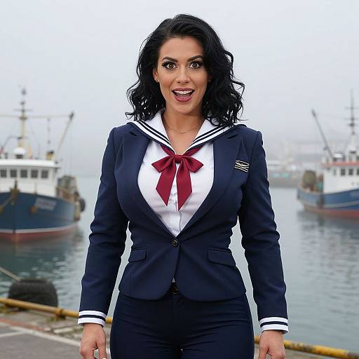 Photograph of a smiling woman with dark curly hair, wearing a navy blue sailor suit with white collar and red bow, standing on a foggy dock