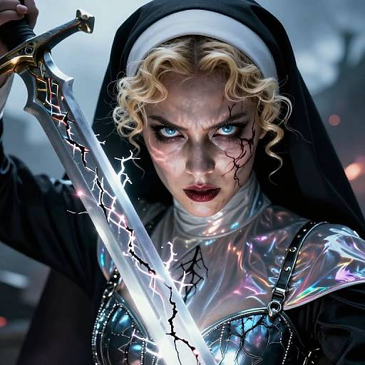 Menacing Nun in Intense Battle Closeup