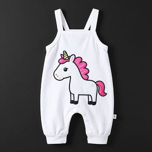 White onesie with a colorful cartoon unicorn print on the front, featuring a pink mane and tail, black background.