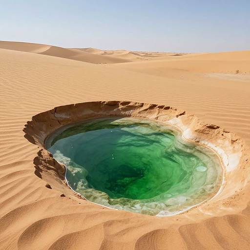 Photograph of a circular, turquoise-blue waterhole in the middle of a vast, rippled, golden desert sand dune under a clear blue sky