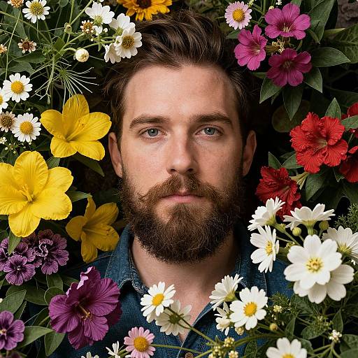 Bearded Man Amid Vibrant Flowers