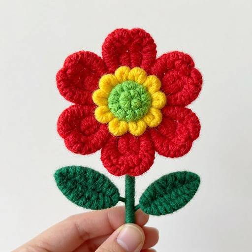 Photograph of a hand holding a colorful, textured felt flower with red petals, yellow center, green center and stem, and two green leaves.