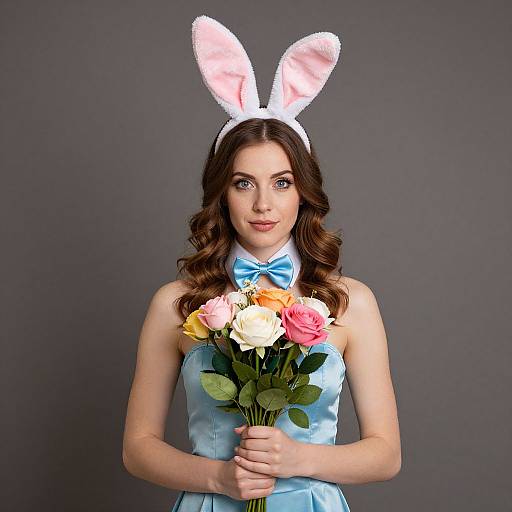 Photograph of a woman with wavy brown hair, wearing white bunny ears, light blue satin dress, blue bow tie, holding a bouquet of pink