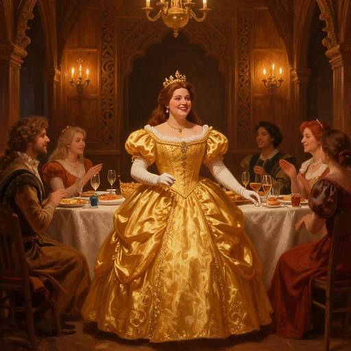 Plump Princess Enjoying Feast in Medieval Banquet Hall