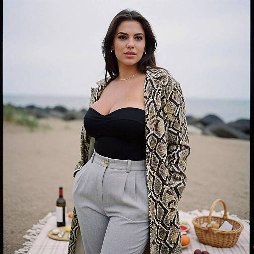 Photograph of a curvy woman with medium skin tone, dark hair, wearing a black strapless top, snake-patterned coat, and gray high