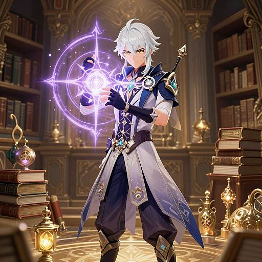 White-Haired Genshin Mage in Library