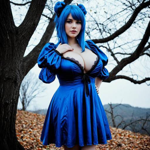 Plus Size Woman in Blue Anime-Inspired Dress Outdoors