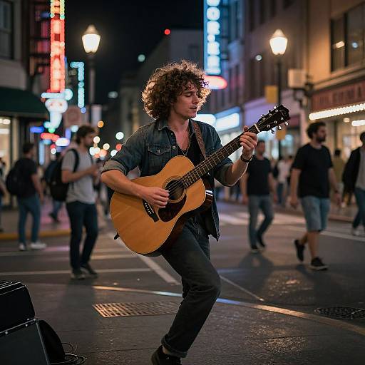 Photograph of a curly-haired young man playing an acoustic guitar on a neon-lit, bustling city street at night.