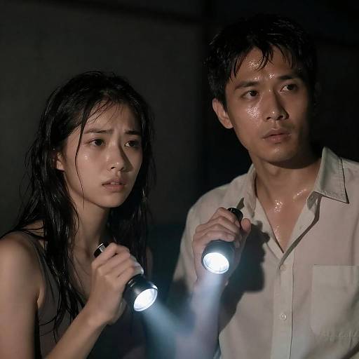 Wet-Haired Woman, Man with Flashlight