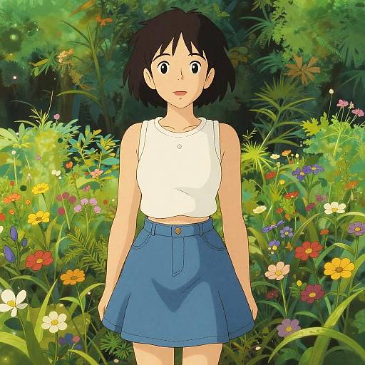 Digital anime-style illustration of a surprised girl with short black hair, wearing a white sleeveless top and blue skirt, standing in a vibrant, colorful flower