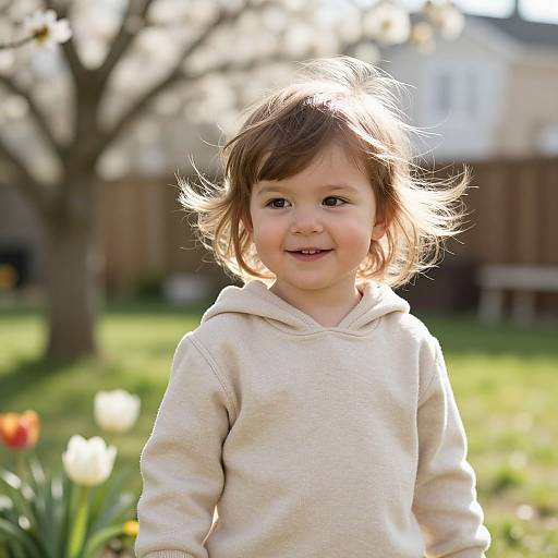 Photograph of a smiling young boy with light brown hair, wearing a beige hoodie, standing in a sunlit garden with blooming tulips and trees